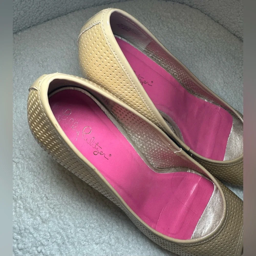 Lilly Pulitzer wedge peep toe heel shoes tan beige espadrille summer‎ beach 8.5